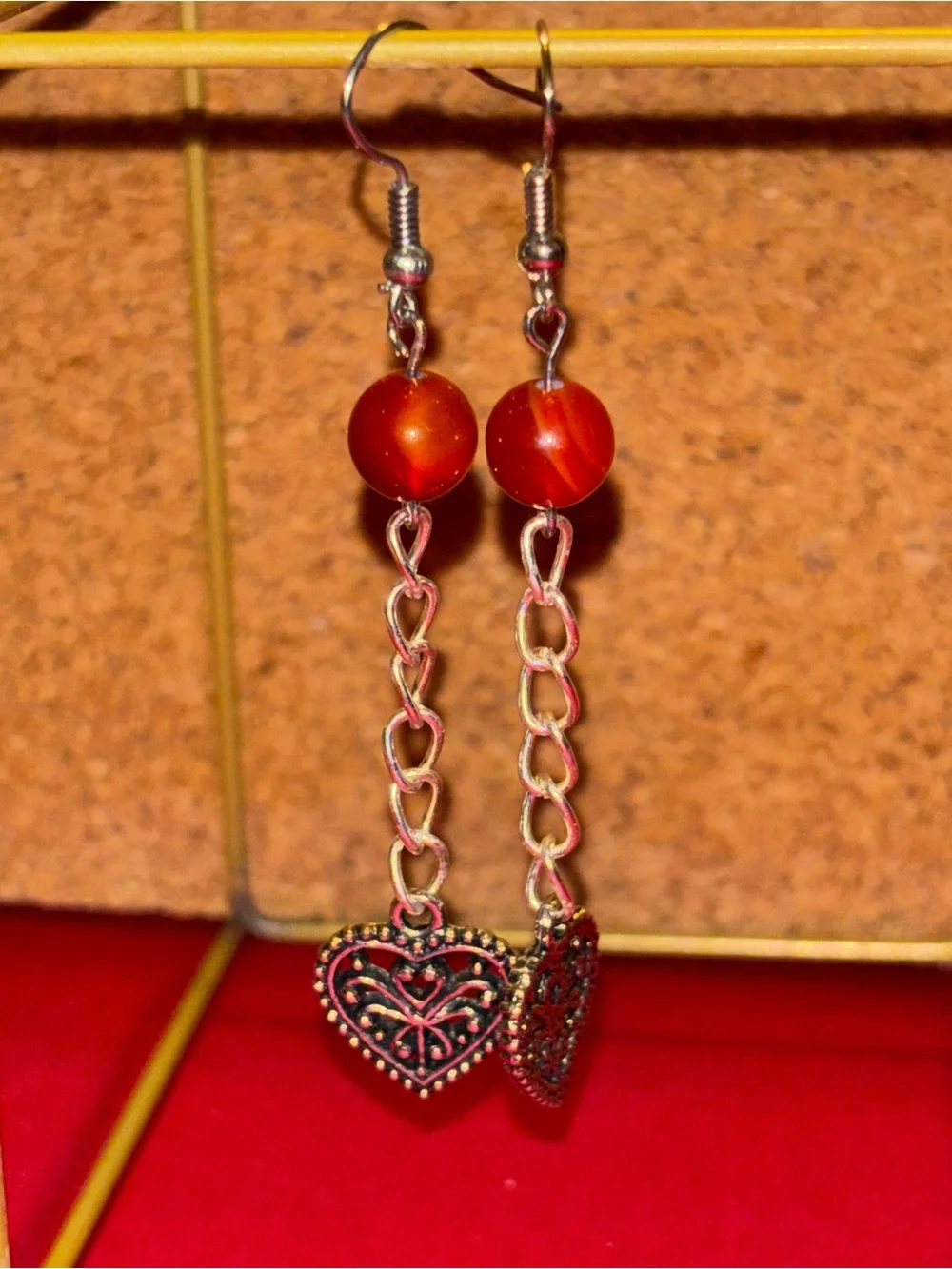 Handmade Red natural gemstone Bead Heart Dangle Earrings - Unbranded